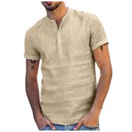 Generic Q-491 Haki Sonbahar Yaz V Yaka Keten Düz Üst Gömlek Tarz 2025 Düzenli Fit Kısa Kollu Erkek T-shirt