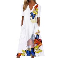 Generic S-967 Hardal Sarısı Çiçek Tekne Vneck Boyun Kısa Kollu Maxi Uzun Plaj Hawaii Kadın Elbise