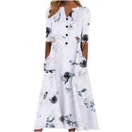 Generic X-958 Beyaz Çiçek Tekne Vneck Boyun Kısa Kollu Maxi Uzun Plaj Hawaii Kadın Elbise