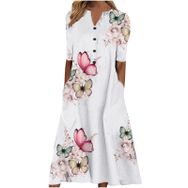 Generic X-958 Pembe Çiçek Tekne Vneck Boyun Kısa Kollu Maxi Uzun Plaj Hawaii Kadın Elbise