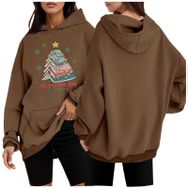 Generisch 1 Noel Kapüşonlu Modern Kazak Noel Baskılı Kış Uzun Kollu Gündelik Zarif Kahve Kadın Sweatshirt