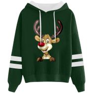 Generisch 1 Noel Kapüşonlu Tarzı Boş Zaman Kazak Model Noel Baskılı Kış Uzun Kollu Gündelik Yeşil Kadın Sweatshirt