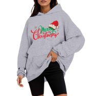 Generisch B Noel Kapüşonlu Tarzı Boş Zaman Kazak Model Noel Baskılı Kış Uzun Kollu Gündelik Açık Gri Kadın Sweatshirt
