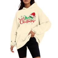 Generisch B Noel Kapüşonlu Tarzı Boş Zaman Kazak Model Noel Baskılı Kış Uzun Kollu Gündelik Bej Kadın Sweatshirt
