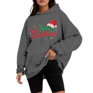Generisch B Noel Kapüşonlu Tarzı Boş Zaman Kazak Model Noel Baskılı Kış Uzun Kollu Gündelik Gri Kadın Sweatshirt