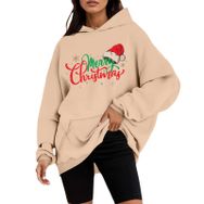 Generisch B Noel Kapüşonlu Tarzı Boş Zaman Kazak Model Noel Baskılı Kış Uzun Kollu Gündelik Haki Kadın Sweatshirt