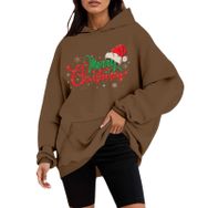 Generisch B Noel Kapüşonlu Tarzı Boş Zaman Kazak Model Noel Baskılı Kış Uzun Kollu Gündelik Kahve Kadın Sweatshirt