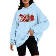 Generisch C Noel Kapüşonlu Tarzı Boş Zaman Kazak Model Noel Baskılı Kış Uzun Kollu Gündelik Gök Mavisi Kadın Sweatshirt