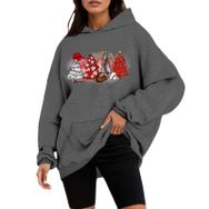 Generisch C Noel Kapüşonlu Tarzı Boş Zaman Kazak Model Noel Baskılı Kış Uzun Kollu Gündelik Gri Kadın Sweatshirt