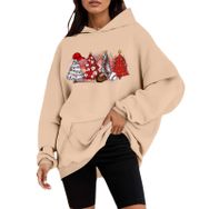Generisch C Noel Kapüşonlu Tarzı Boş Zaman Kazak Model Noel Baskılı Kış Uzun Kollu Gündelik Haki Kadın Sweatshirt