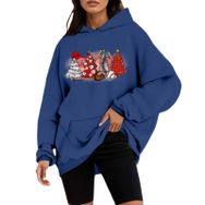 Generisch C Noel Kapüşonlu Tarzı Boş Zaman Kazak Model Noel Baskılı Kış Uzun Kollu Gündelik Mavi Kadın Sweatshirt