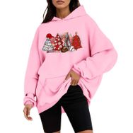 Generisch C Noel Kapüşonlu Tarzı Boş Zaman Kazak Model Noel Baskılı Kış Uzun Kollu Gündelik Pembe Kadın Sweatshirt