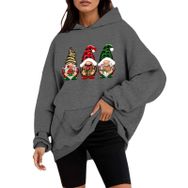 Generisch D Noel Kapüşonlu Tarzı Boş Zaman Kazak Model Noel Baskılı Kış Uzun Kollu Gündelik Gri Kadın Sweatshirt