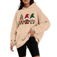 Generisch D Noel Kapüşonlu Tarzı Boş Zaman Kazak Model Noel Baskılı Kış Uzun Kollu Gündelik Haki Kadın Sweatshirt