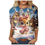 Generisch M Noel 3/4 Kollu Tatlı Desenli Kazak Model Kış Yuvarlak Yaka Uzun Kollu Süveter Moda Bol Üst Giyim Gri Kadın Kazağı