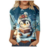 Generisch Noel 3/4 Kollu Tatlı Desenli Kazak Model Kış Yuvarlak Yaka Uzun Kollu Süveter Moda Bol Üst Giyim B Mavi Kadın Kazağı