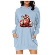 Generisch Noel Baskı 2025 Günlük Kış Kapüşonlu Uzun Kollu C-Açık Mavi Kadın Sweatshirt