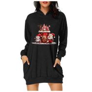 Generisch Noel Baskı 2025 Günlük Kış Kapüşonlu Uzun Kollu E-Siyah Kadın Sweatshirt