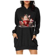 Generisch Noel Baskı 2025 Modern Kapüşonlu Uzun Kollu Siyah 2 Kadın Sweatshirt