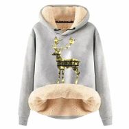 Generisch Noel Baskılı 2025 Boş Zaman Kapüşonlu Uzun Kollu Açık Gri-G Kadın Sweatshirt