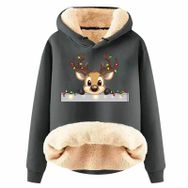 Generisch Noel Baskılı 2025 Boş Zaman Kapüşonlu Uzun Kollu Koyu Gri-B Kadın Sweatshirt