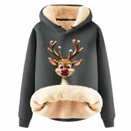 Generisch Noel Baskılı 2025 Boş Zaman Kapüşonlu Uzun Kollu Koyu Gri-H Kadın Sweatshirt