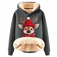 Generisch Noel Baskılı 2025 Boş Zaman Kapüşonlu Uzun Kollu Koyu Gri-İ Kadın Sweatshirt