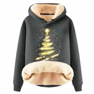 Generisch Noel Baskılı 2025 Boş Zaman Kapüşonlu Uzun Kollu Koyu Gri Kadın Sweatshirt