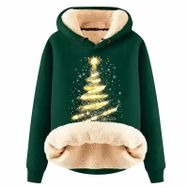 Generisch Noel Baskılı 2025 Boş Zaman Kapüşonlu Uzun Kollu Koyu Yeşil-A Kadın Sweatshirt