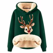 Generisch Noel Baskılı 2025 Boş Zaman Kapüşonlu Uzun Kollu Koyu Yeşil-C Kadın Sweatshirt