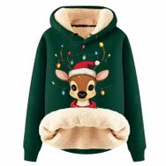 Generisch Noel Baskılı 2025 Boş Zaman Kapüşonlu Uzun Kollu Koyu Yeşil-D Kadın Sweatshirt