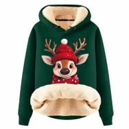 Generisch Noel Baskılı 2025 Boş Zaman Kapüşonlu Uzun Kollu Koyu Yeşil-İ Kadın Sweatshirt