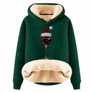 Generisch Noel Baskılı 2025 Boş Zaman Kapüşonlu Uzun Kollu Koyu Yeşil Kadın Sweatshirt