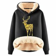 Generisch Noel Baskılı 2025 Boş Zaman Kapüşonlu Uzun Kollu Siyah-F Kadın Sweatshirt