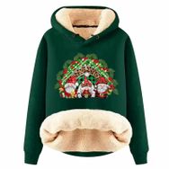 Generisch Noel Baskılı 2025 Boş Zaman Kışlık Kapüşonlu Uzun Kollu A-Koyu Yeşil Kadın Sweatshirt