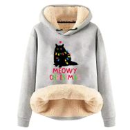 Generisch Noel Baskılı 2025 Boş Zaman Kışlık Kapüşonlu Uzun Kollu Açık Gri-C Kadın Sweatshirt