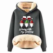 Generisch Noel Baskılı 2025 Boş Zaman Kışlık Kapüşonlu Uzun Kollu C-Gri Kadın Sweatshirt