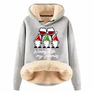 Generisch Noel Baskılı 2025 Boş Zaman Kışlık Kapüşonlu Uzun Kollu C-Light Gri Kadın Sweatshirt