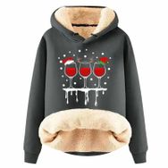 Generisch Noel Baskılı 2025 Boş Zaman Kışlık Kapüşonlu Uzun Kollu D-Gri Kadın Sweatshirt