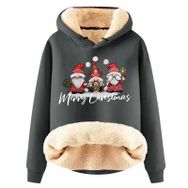 Generisch Noel Baskılı 2025 Boş Zaman Kışlık Kapüşonlu Uzun Kollu E-Gri Kadın Sweatshirt