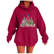 Generisch Noel Baskılı 2025 Kapüşonlu Uzun Kollu Boş Zaman Zarif Kırmızı 1 Kadın Sweatshirt