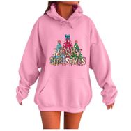 Generisch Noel Baskılı 2025 Kapüşonlu Uzun Kollu Boş Zaman Zarif Pembe 1 Kadın Sweatshirt