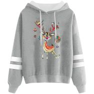 Generisch Noel Baskılı 2025 Kapüşonlu Uzun Kollu Gündelik A-Açık Gri Kadın Sweatshirt