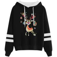 Generisch Noel Baskılı 2025 Kapüşonlu Uzun Kollu Gündelik A-Siyah Kadın Sweatshirt