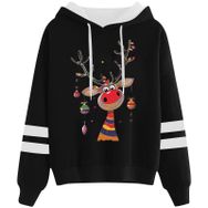 Generisch Noel Baskılı 2025 Kapüşonlu Uzun Kollu Gündelik B-Siyah Kadın Sweatshirt