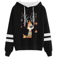 Generisch Noel Baskılı 2025 Kapüşonlu Uzun Kollu Gündelik D-Siyah Kadın Sweatshirt