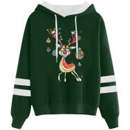 Generisch Noel Baskılı 2025 Kapüşonlu Uzun Kollu Zarif Gündelik A-Yeşil Kadın Sweatshirt