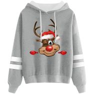 Generisch Noel Baskılı 2025 Kapüşonlu Uzun Kollu Zarif Gündelik Açık Gri 4 Kadın Sweatshirt
