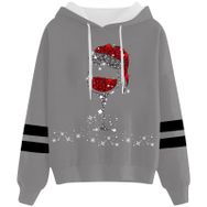 Generisch Noel Baskılı 2025 Kapüşonlu Uzun Kollu Zarif Gündelik Gri 3 Kadın Sweatshirt