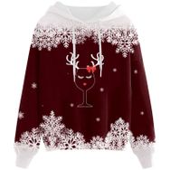 Generisch Noel Baskılı 2025 Kapüşonlu Zarif D-Şarap Kadın Sweatshirt